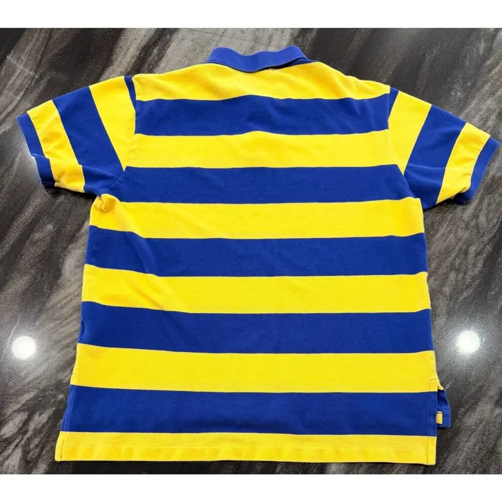 Ralph Lauren Polo Shirt Large Blue Yellow Rugby Stripe Red Pony Cotton Vintage